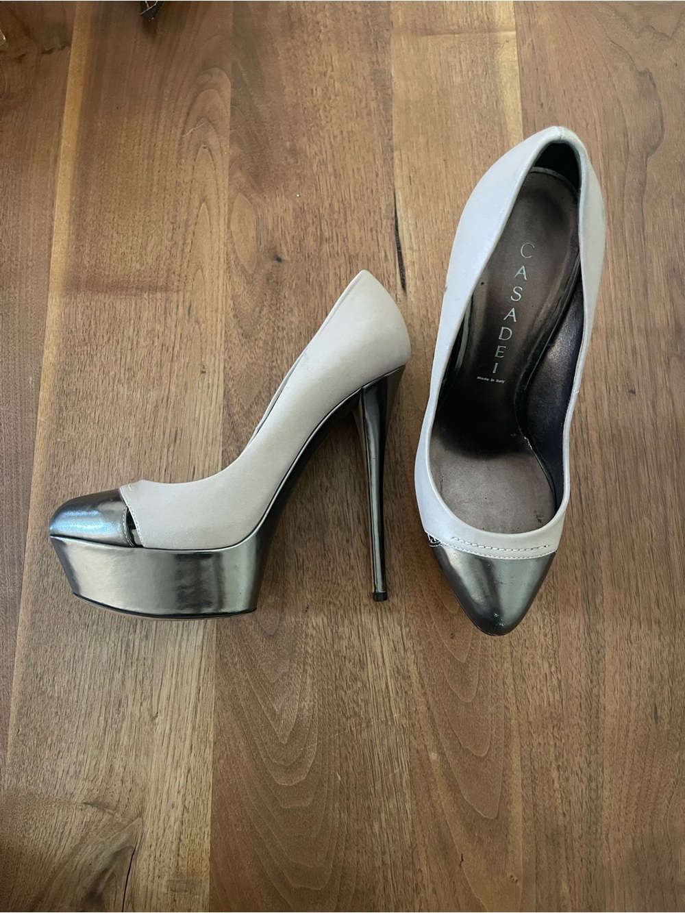 Casadei Two-Tone Platform Pumps in Light Gray and Metallic Silver